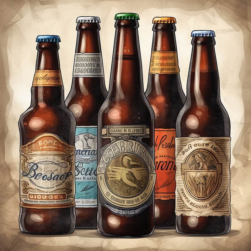 Five brown beer bottles standing in a row depicting different label design's