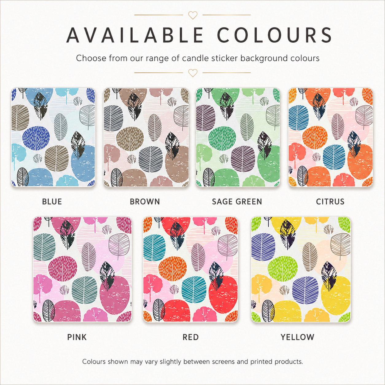 Color swatches for candle sticker backgrounds with labels for blue, brown, sage green, citrus, pink, red, and yellow.