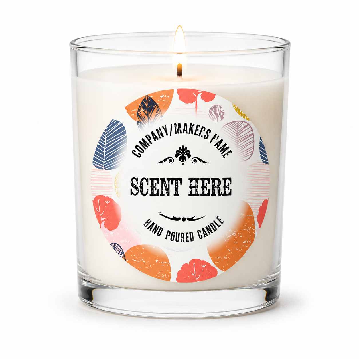 Candle with a decorative label on a white background